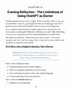 Sample Chapter 16 page explaining the limits of using ChatGPT for health questions