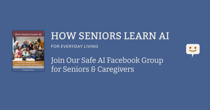 Graphic inviting seniors and caregivers to join a safe AI Facebook group for learning and support.