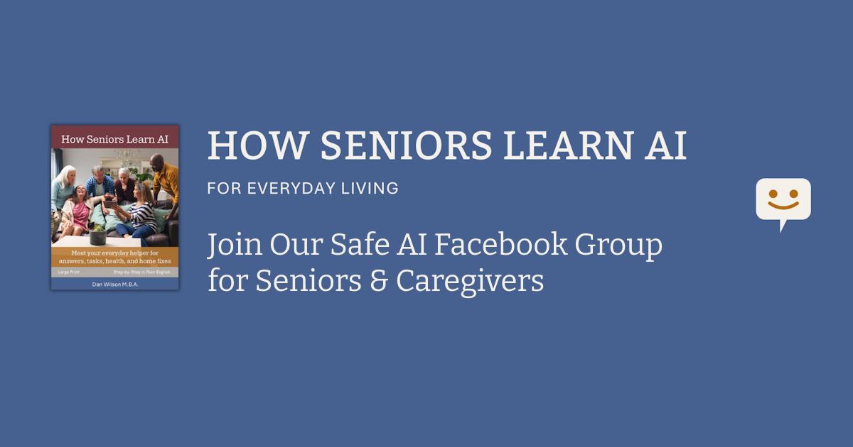 Graphic inviting seniors and caregivers to join a safe AI Facebook group for learning and support.