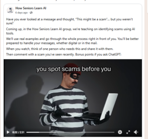 Screenshot of a How Seniors Learn AI Facebook Group post featuring a video about spotting scams using AI tools